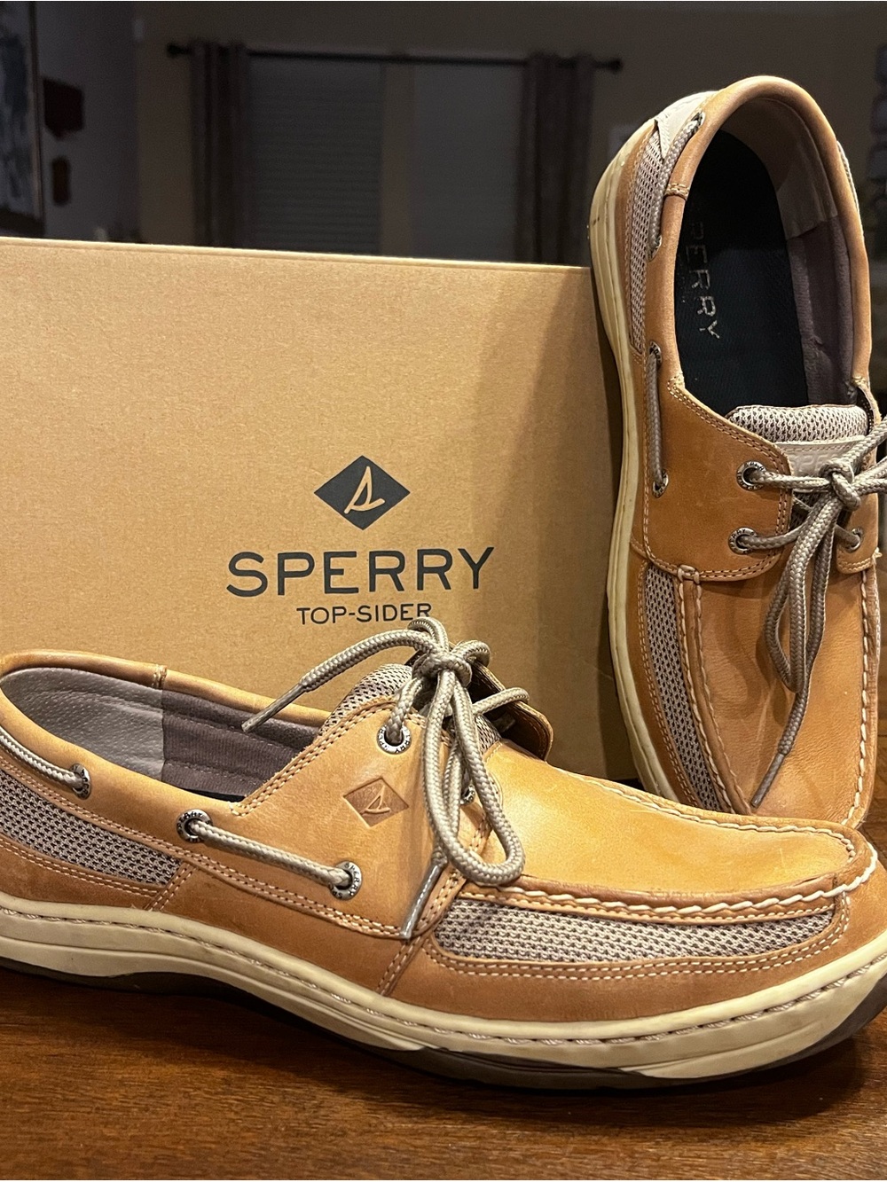 Sperry Men’s Tan Leather and Beige Mesh Boat Shoes
